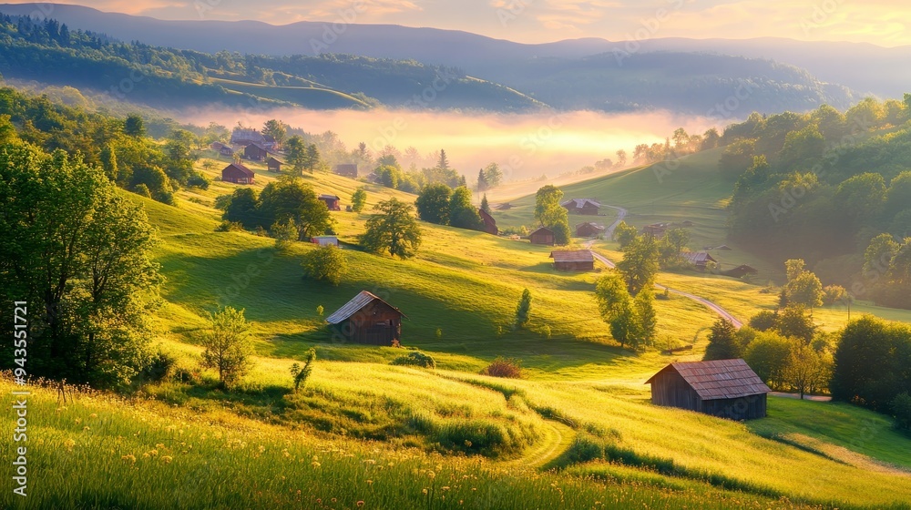 Bright morning light on rolling countryside around a farm in the Carpathians, Ukraine. A picturesque scene highlighting ecology protection. Explore the beauty of this stunning European landscape. Bright morning light on rolling countryside around a farm in the Carpathians, Ukraine. A picturesque scene highlighting ecology protection. Explore the beauty of this stunning European landscape.