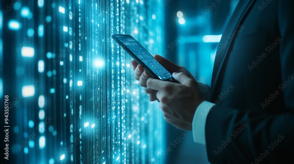 Businessman utilizes smartphone for global internet connection, financial and banking, and digital marketing in the realms of technology and big data.