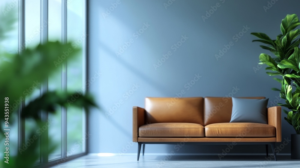 A brown leather sofa with a blue pillow sits in a minimalist living room with a large window and a potted plant. The sun shines through the window. A brown leather sofa with a blue pillow sits in a minimalist living room with a large window and a potted plant. The sun shines through the window.