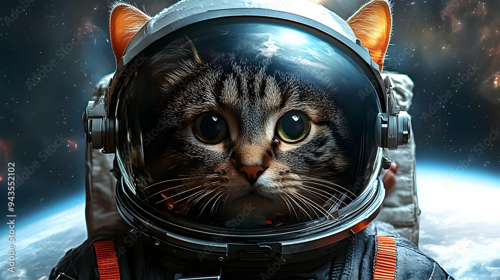 A curious cat astronaut looks out of the spacecraft window at the Earth. A curious cat astronaut looks out of the spacecraft window at the Earth.