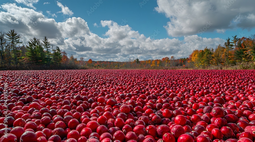 Fototapeta premium Vibrant red cranberries floating in a flooded field under a bright blue sky.
