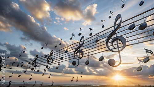 beautiful musical notes on sunset sky background