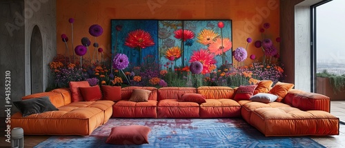 Wallpaper Mural Modern Living Room with Orange Modular Sofa and Abstract Floral Art Torontodigital.ca