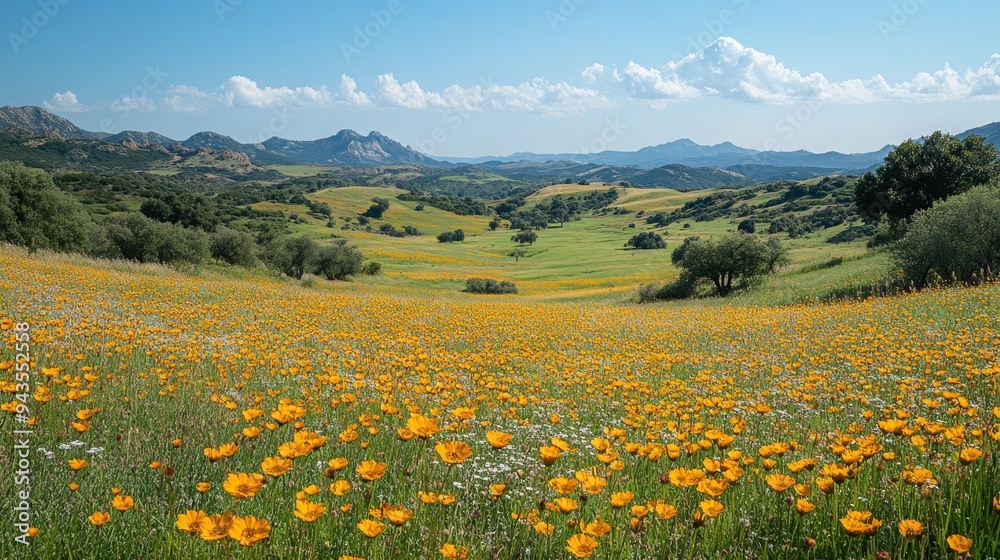 Obraz premium A lush valley filled with blooming wildflowers showcases efforts in habitat restoration, enhancing local biodiversity.