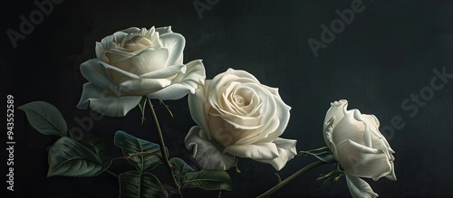 Three white roses displayed against a dark background with copy space image