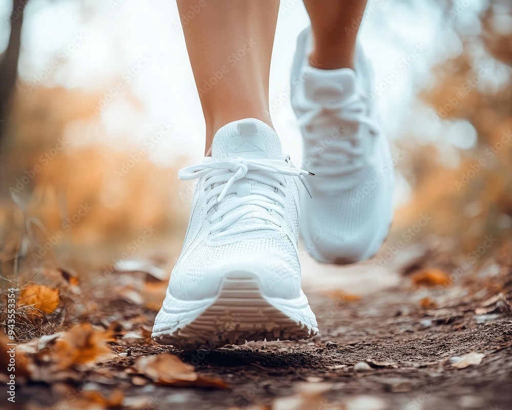 Sneakers on a running trail, with a focus on motion and fitness, Active, Bright, High Energy Sneakers on a running trail, with a focus on motion and fitness, Active, Bright, High Energy
