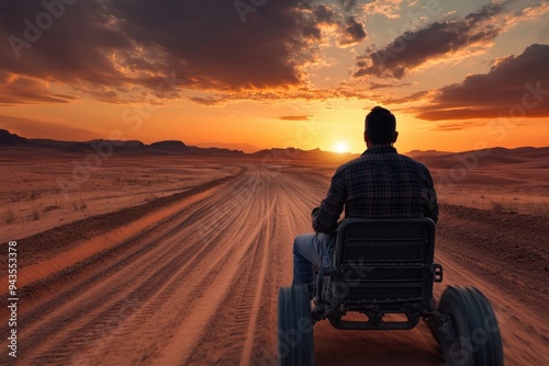 A dramatic photo of a person driving down a long, straight desert road towards a vibrant and colorful sunset, creating a sense of adventure and endless possibilities. photo