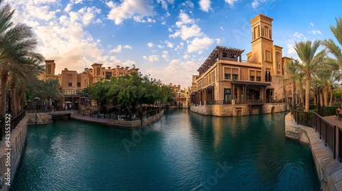 Panoramic View of Souk Madinat Jumeirah near the famous Burj Al Arab 7 star hotel photo