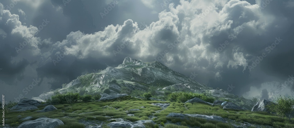 Gray clouds loom over a karst hill against a backdrop of nature demonstrating a transition in weather conditions making it a suitable copy space image Gray clouds loom over a karst hill against a backdrop of nature demonstrating a transition in weather conditions making it a suitable copy space image