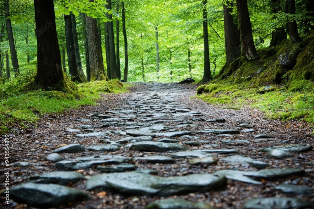 Naklejka premium An enchanting photograph of a stone pathway leading through a lush, green forest landscape, inviting exploration and a connection to the serenity of nature.