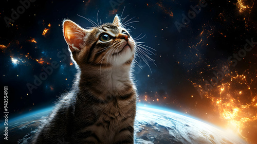 A cute tabby cat looks up a...