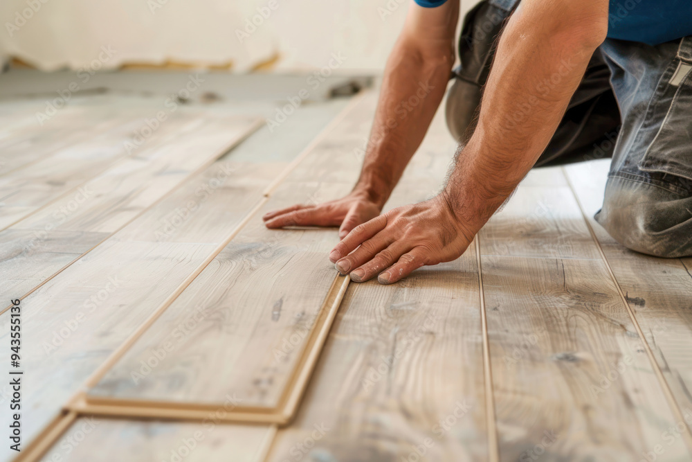 A worker carefully installing wooden flooring by hand, focusing on precision and craftsmanship in a home renovation project. A worker carefully installing wooden flooring by hand, focusing on precision and craftsmanship in a home renovation project.