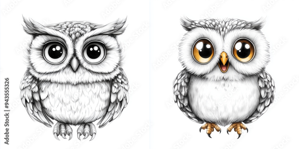 Fototapeta premium Cute and charming owl illustrations featuring expressive eyes and fluffy bodies, perfect for children's books or decoration.