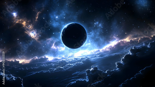 A dark planet hangs in the ...