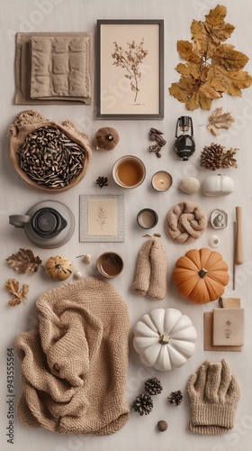 Scandinavian Simplicity: Knolling-Style Autumn Scene with Clean Lines and Cozy Elegance photo