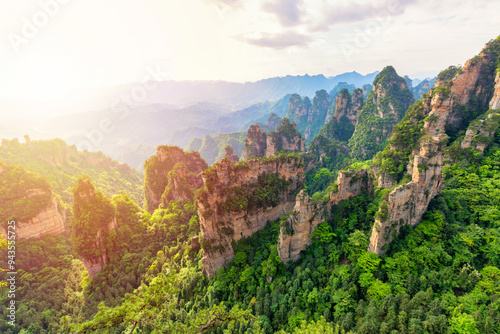 Zhangjiajie National park. Famous tourist attraction in Wulingyuan, Hunan, China. Amazing natural landscape with stone pillars quartz mountains during sunset