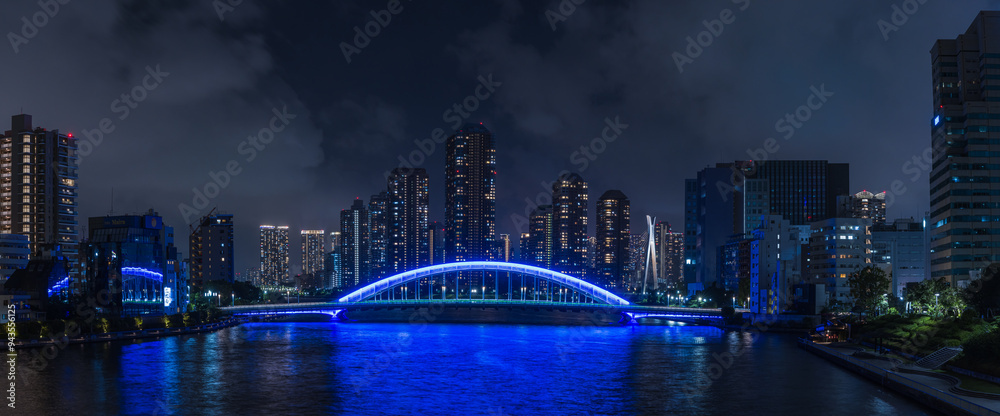 Obraz premium 日本 東京都中央区の隅田川大橋から眺める月島のマンション群の夜景とライトアップされた永代橋