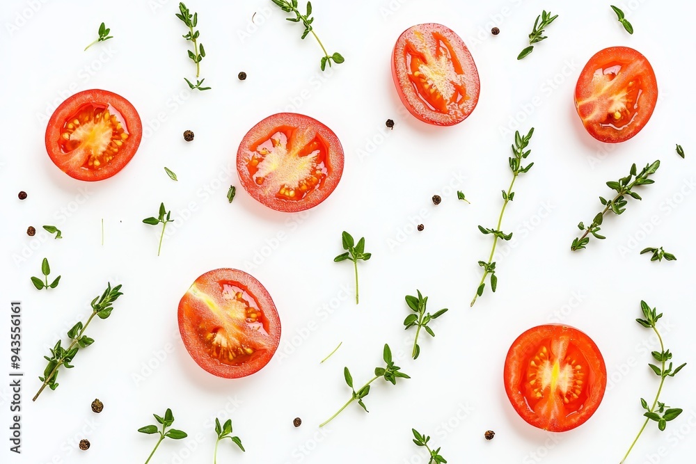 Fresh organic fruit with high vitamin and mineral content of tomato half slices falling or floating in the air. Fresh organic fruit with high vitamin and mineral content of tomato half slices falling or floating in the air.