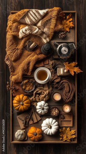 Scandinavian Simplicity: Knolling-Style Autumn Scene with Clean Lines and Cozy Elegance photo