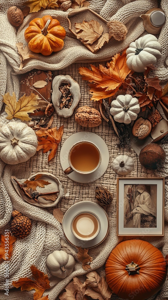 Scandinavian Simplicity: Knolling-Style Autumn Scene with Clean Lines and Cozy Elegance