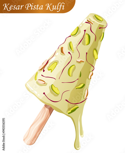 Melting Kesar Pista Kulfi with Almonds & Saffron Strands  - Traditional Indian Frozen Dessert Vector Art 