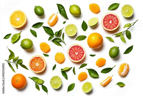 Fresh organic fruit with high vitamins and minerals, oranges and lemon limes floating in the air with green foliage isolated on white background.