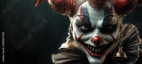 Evil jester mask with twisted features, bells, and a maniacal expression