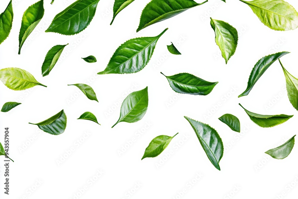 Isolated green tea leaves flying and falling over the background, tropical leaves for border elements, fresh natural foliage, organic herbal swirls.