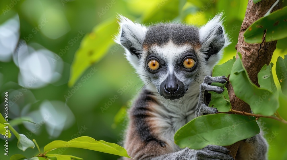 Close-up of a lemur with striking yellow eyes holding onto a tree branch in a lush, green forest environment. Close-up of a lemur with striking yellow eyes holding onto a tree branch in a lush, green forest environment.