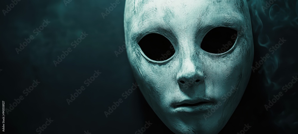 Ghostly white mask with hollow eyes and a blank, eerie expression Ghostly white mask with hollow eyes and a blank, eerie expression