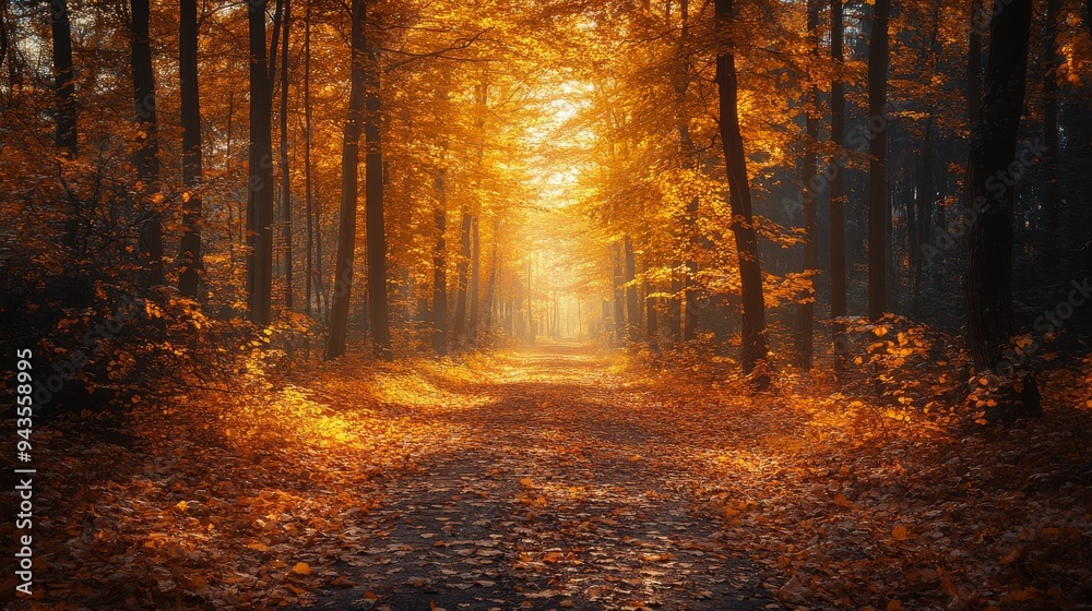 Fototapeta premium Golden leaves blanket a tranquil path through a serene forest during autumn's vibrant glow