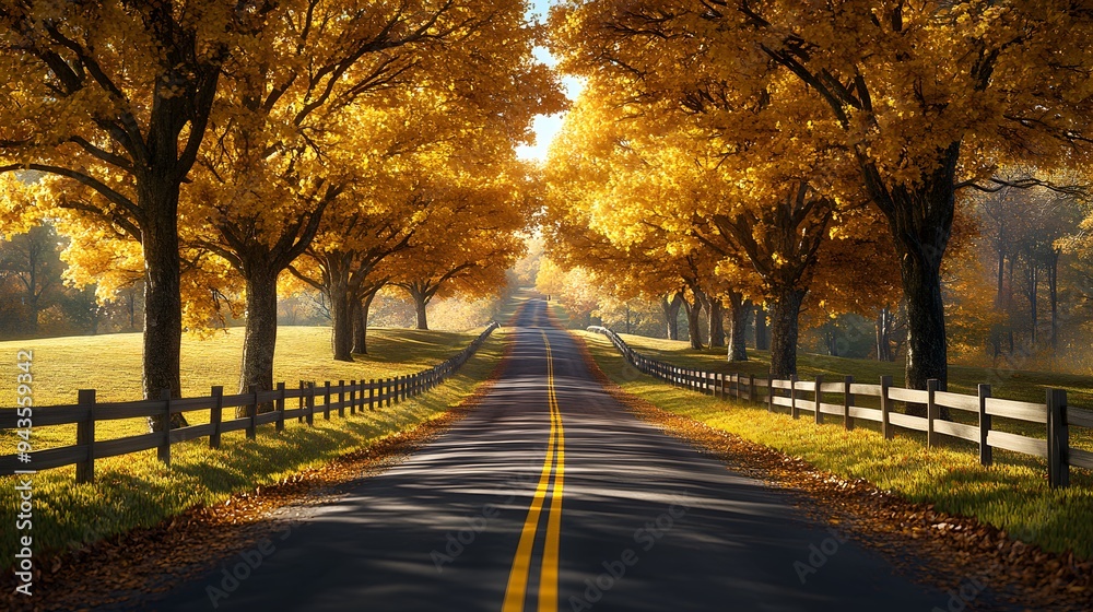 Autumn tree-lined road, vibrant golden foliage, bright sunlight streaming through leaves, winding asphalt path, yellow lane markings, wooden fence. Autumn tree-lined road, vibrant golden foliage, bright sunlight streaming through leaves, winding asphalt path, yellow lane markings, wooden fence.