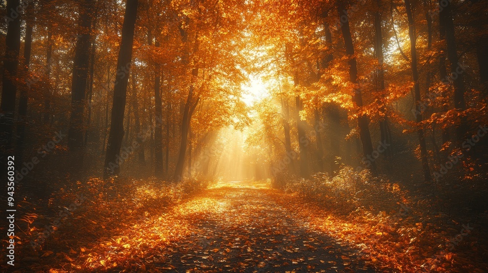 A winding path through a dense forest adorned with vibrant golden leaves under warm autumn sunlight A winding path through a dense forest adorned with vibrant golden leaves under warm autumn sunlight