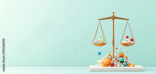 An illustration showing a balance scale with beneficial bacteria on one side and harmful bacteria on the other, symbolizing microbiome balance Microbiome balance concept. photo