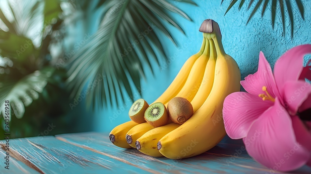 Fototapeta premium Bunch of Bananas and Beautiful Flower Still Life - Vibrant Pink Floral Arrangement with Fresh Fruit Ideal for Culinary and Home Decor Inspiration