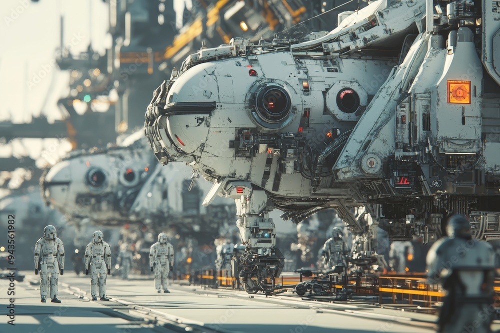 Futuristic military ship production a blend of people and robots in a high tech factory setup Futuristic military ship production a blend of people and robots in a high tech factory setup