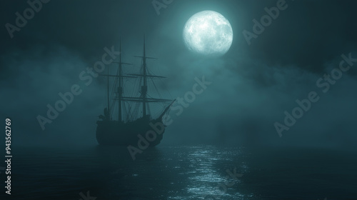 Ghost ship sailing through foggy waters under a full moon photo