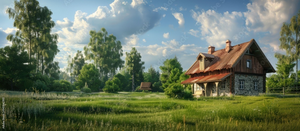 Rustic Latvian house with stone and wood exterior set in a green lawn among tall trees beneath a partly cloudy sky suitable for copy space image Rustic Latvian house with stone and wood exterior set in a green lawn among tall trees beneath a partly cloudy sky suitable for copy space image