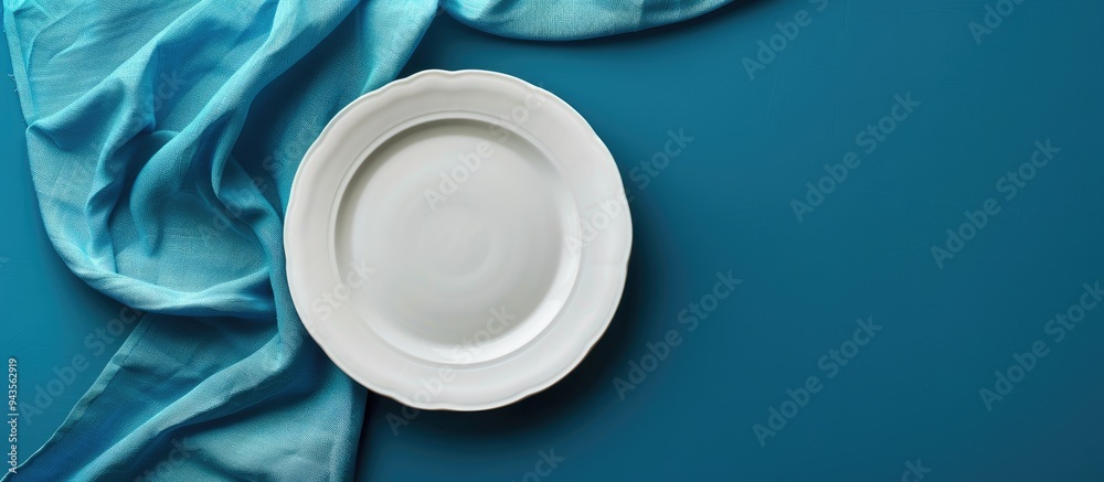 White porcelain plate on linen covering a blue background ideal for food styling with ample copy space image White porcelain plate on linen covering a blue background ideal for food styling with ample copy space image