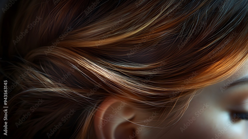 Naklejka premium Close-up of brown hair ponytail, detailed hair texture, wispy strands, soft focus background, natural light, rich chestnut and caramel tones, silky smooth hair.