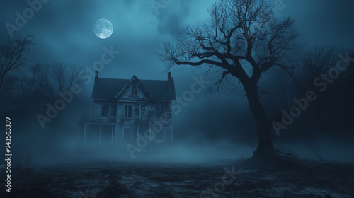 Spooky haunted house bathed in moonlight photo