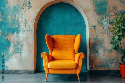 Vibrant colorful armchair against stucco wall with arch. Minimalist interior design of modern living room