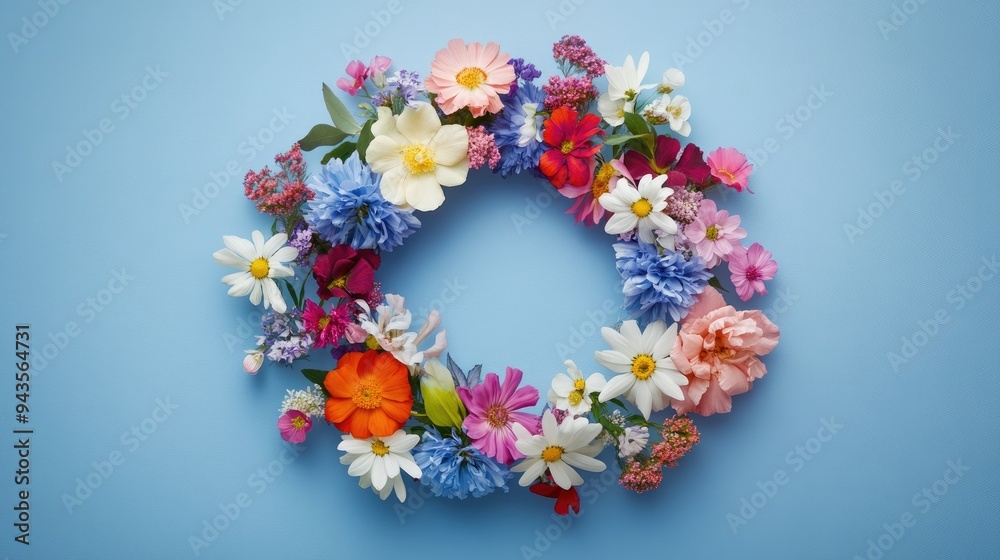 A delicate floral wreath in a circular pattern, featuring a variety of colorful flowers arranged in a harmonious design A delicate floral wreath in a circular pattern, featuring a variety of colorful flowers arranged in a harmonious design