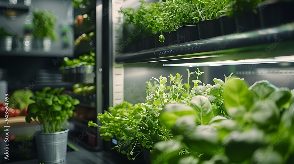 Compact Vertical Kitchen Farm with Herbs and Small Vegetables on Modern Structure Compact Vertical Kitchen Farm with Herbs and Small Vegetables on Modern Structure