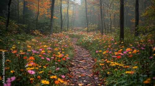 A tranquil path through a colorful autumn meadow lined with vibrant flowers and surrounded by misty trees