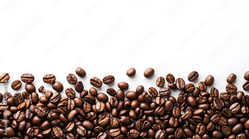 Coffee beans scattered on pure white background, roasted coffee beans border, rich brown colors, varying shades and textures, close-up macro photography.