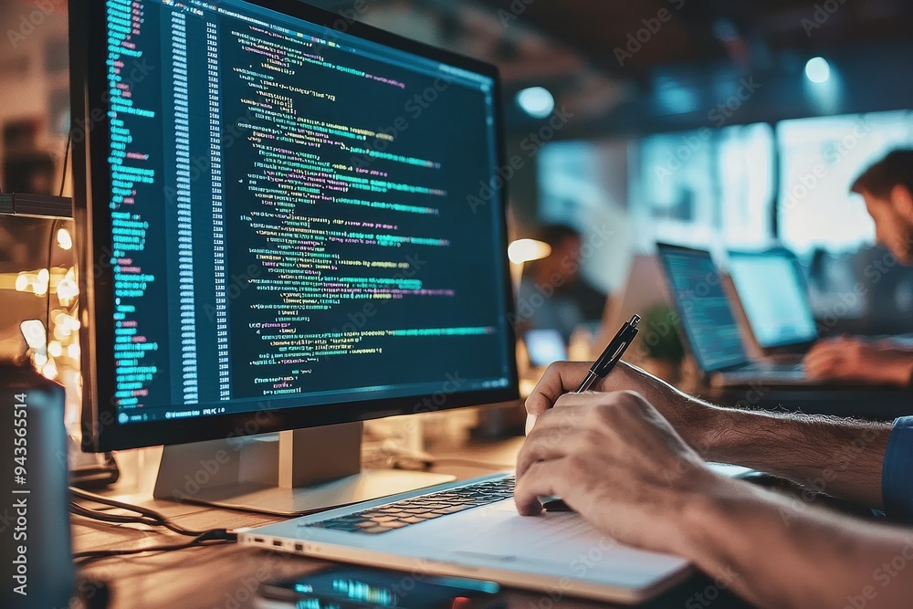 A professional developer works on a website while taking part in a meeting and programming a software application. A professional developer works on a website while taking part in a meeting and programming a software application.