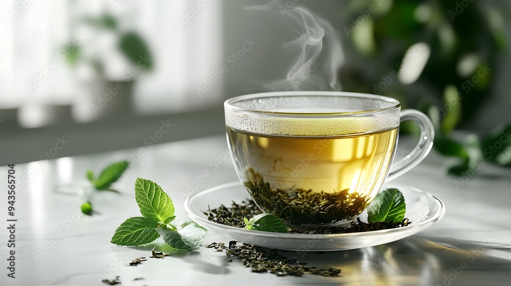 Glass cup of green tea, fresh mint leaves, dried tea leaves scattered, white marble countertop, soft natural lighting, steam rising from cup, transparent teacup and saucer. Glass cup of green tea, fresh mint leaves, dried tea leaves scattered, white marble countertop, soft natural lighting, steam rising from cup, transparent teacup and saucer.
