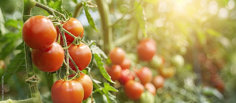 A close up photo of fresh organic tomatoes growing on a vine at a local farm providing a background with ample copy space for text A close up photo of fresh organic tomatoes growing on a vine at a local farm providing a background with ample copy space for text