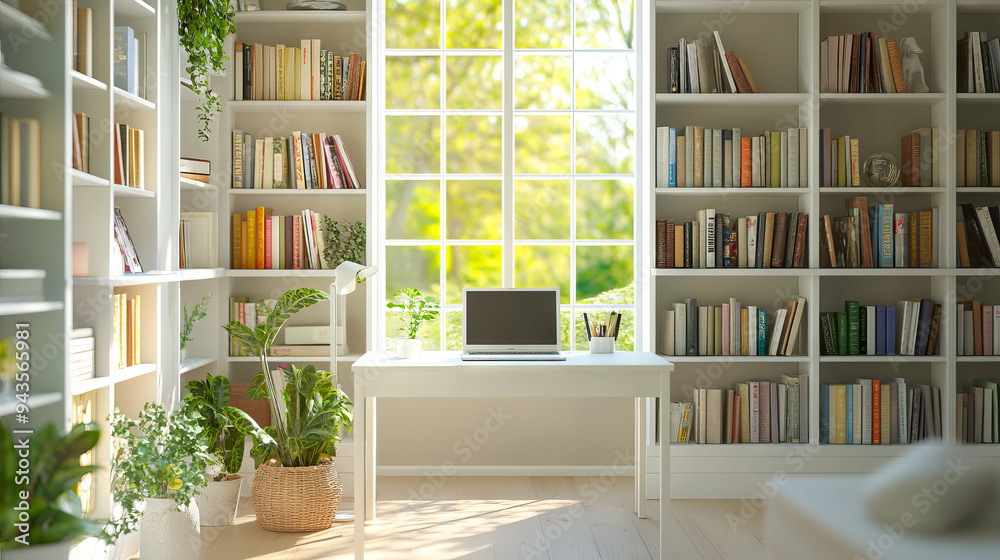 Fototapeta premium A light, cozy teen room with white bookcases, a working desk, and a laptop on it. --ar 16:9 --v 6.1 Job ID: 9b0c09c0-d543-41d1-a30f-6eedf00d00fe